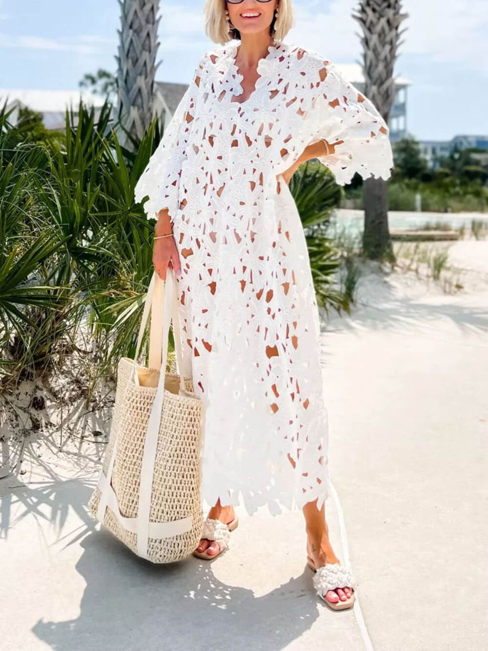 Strand-Midikleid mit Spitzen-Überwurf