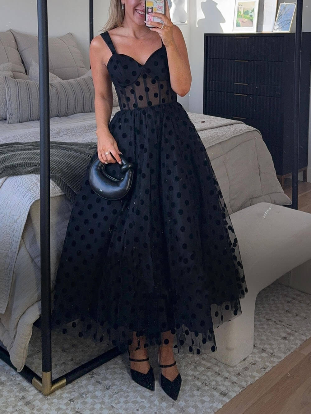 Exquisites Perfektes Tüll-Punktmuster Sweetheart Bustier A-Linien Midi-Kleid