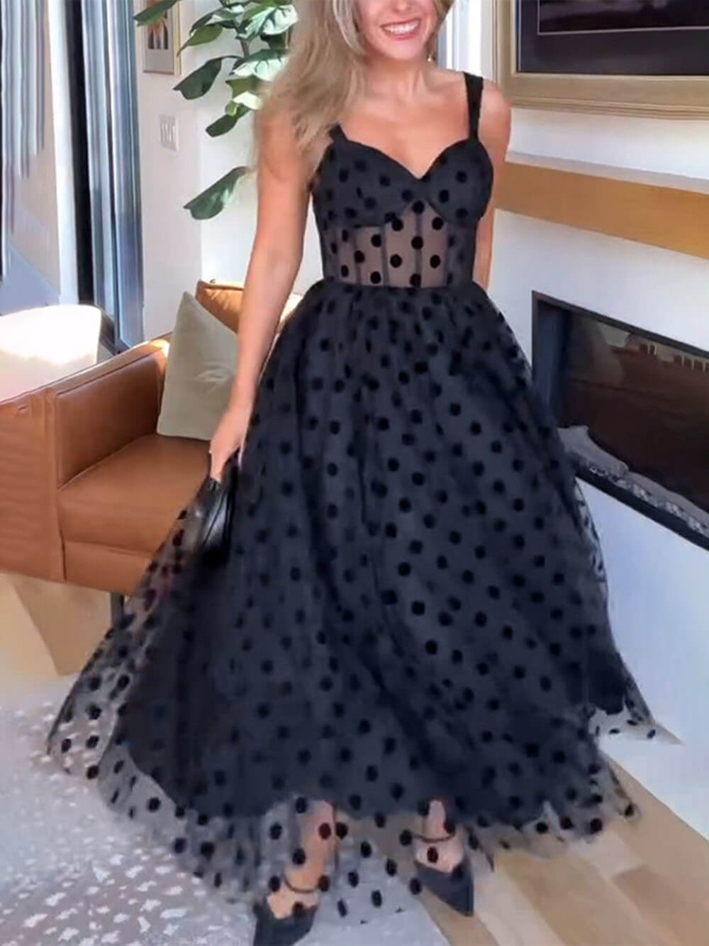 Exquisites Perfektes Tüll-Punktmuster Sweetheart Bustier A-Linien Midi-Kleid
