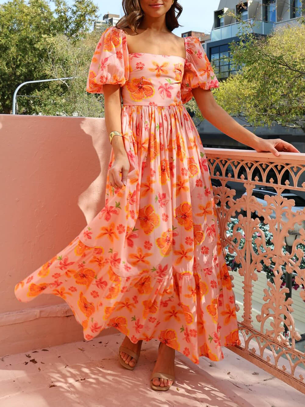 Maxikleid mit Puffärmeln, Blumenmuster, gerafftem Rücken und Tasche