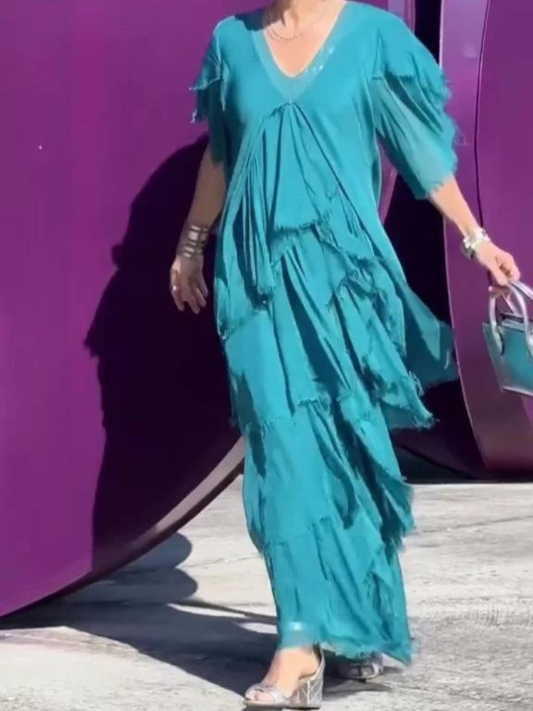 Savane | Elegantes, Fließendes Langarmkleid mit V-Ausschnitt