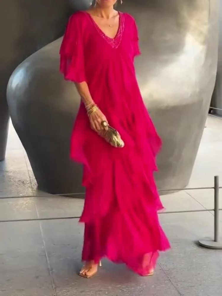 Savane | Elegantes, Fließendes Langarmkleid mit V-Ausschnitt