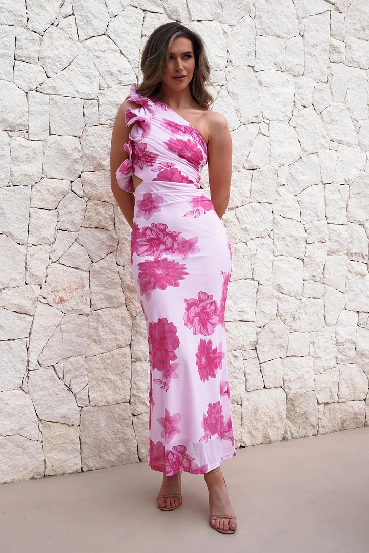 Rosa trägerloses Kleid mit Rüschen