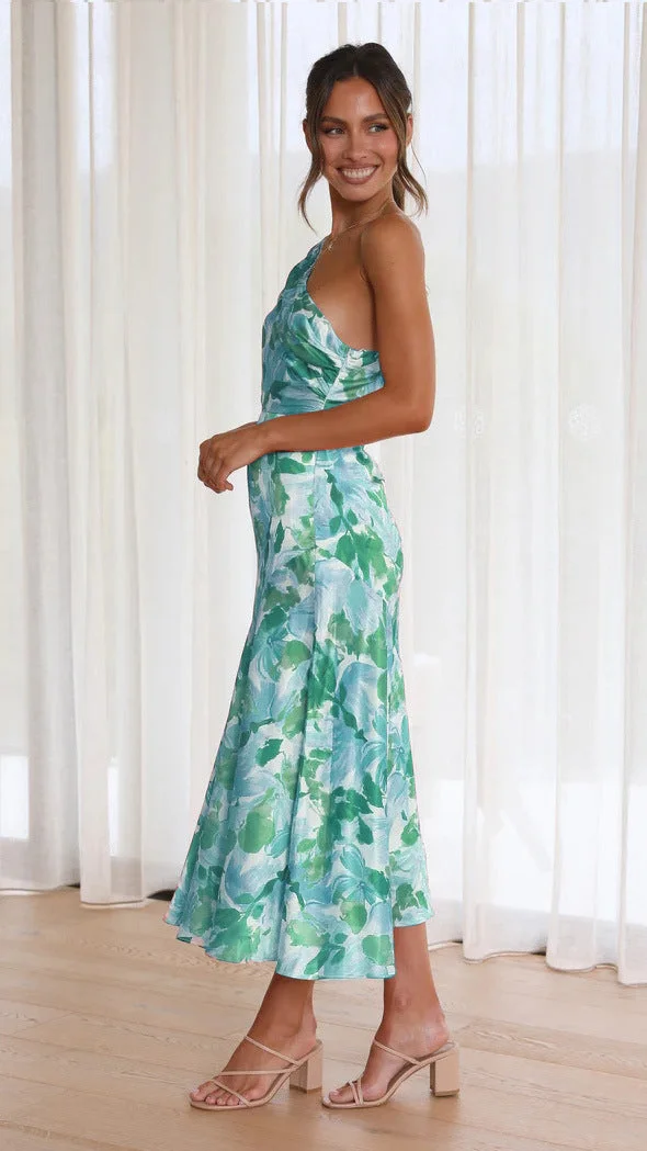 Geblümtes Satin-Kleid mit Raffung und One-Shoulder-Design