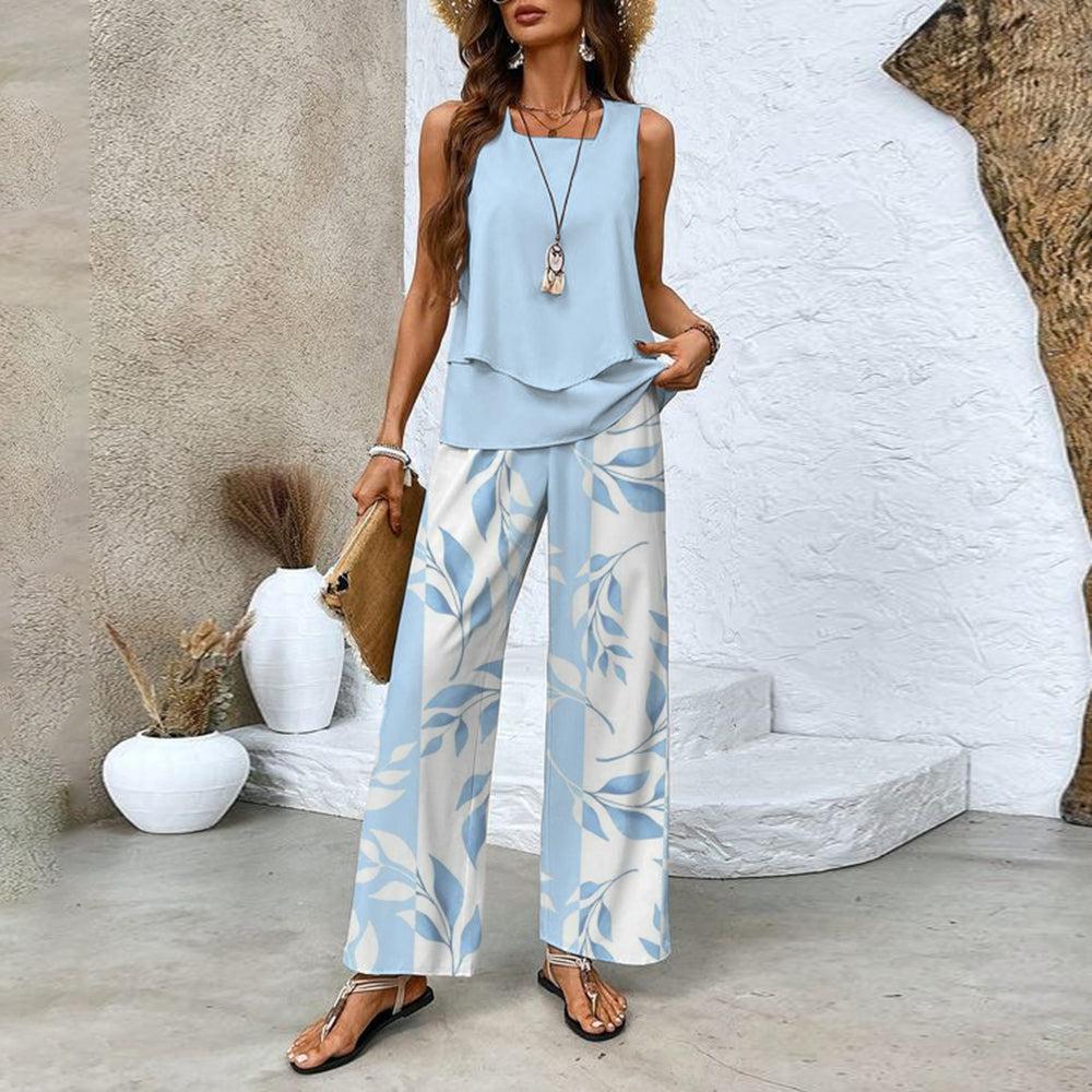 Colette | Zweiteiliges blaues Set mit Blumenmuster und quadratischem Ausschnitt