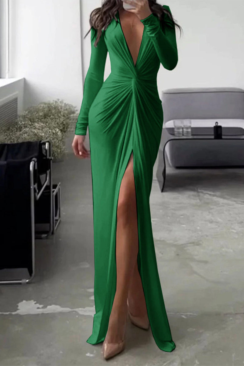 Kalani | Stilvolles Plisseekleid mit V-Ausschnitt, langen Ärmeln und Beinschlitz