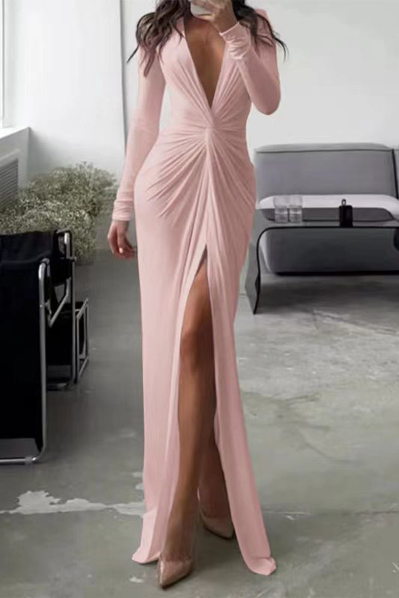 Kalani | Stilvolles Plisseekleid mit V-Ausschnitt, langen Ärmeln und Beinschlitz