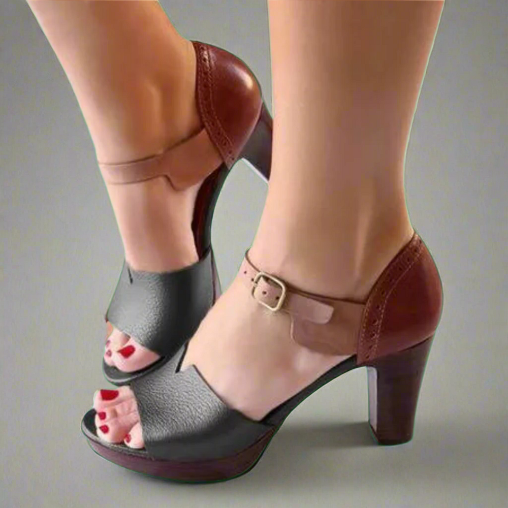 Miné | High Heel Premium Sandals in Korean Style with Color Block and Buckle