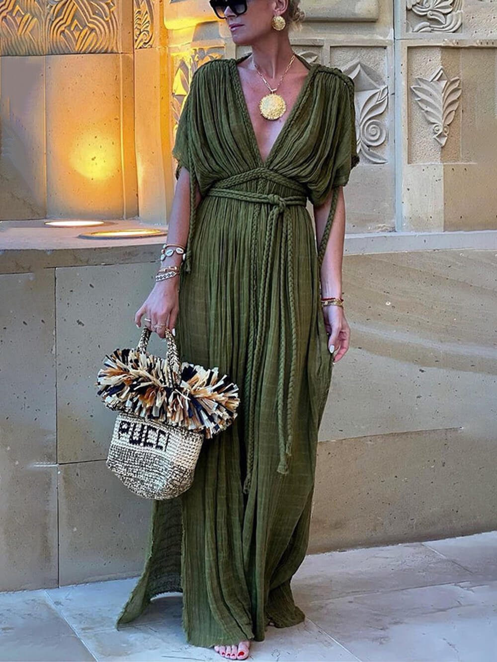 Kimono | Drapiertes Maxikleid mit Flechtdetails und Schlitz als Cover-Up