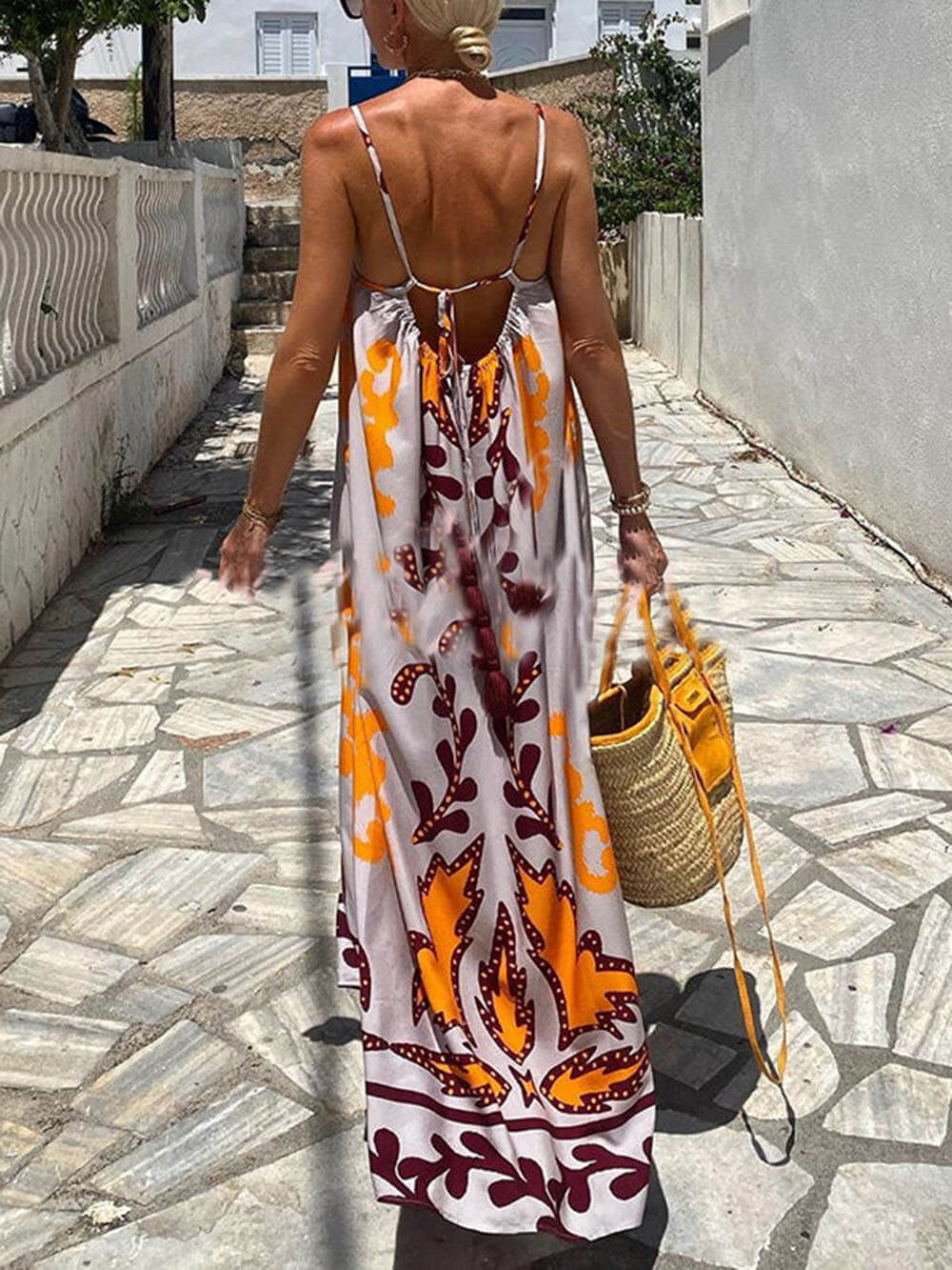 Locker sitzendes Ethno-Print Träger Maxikleid