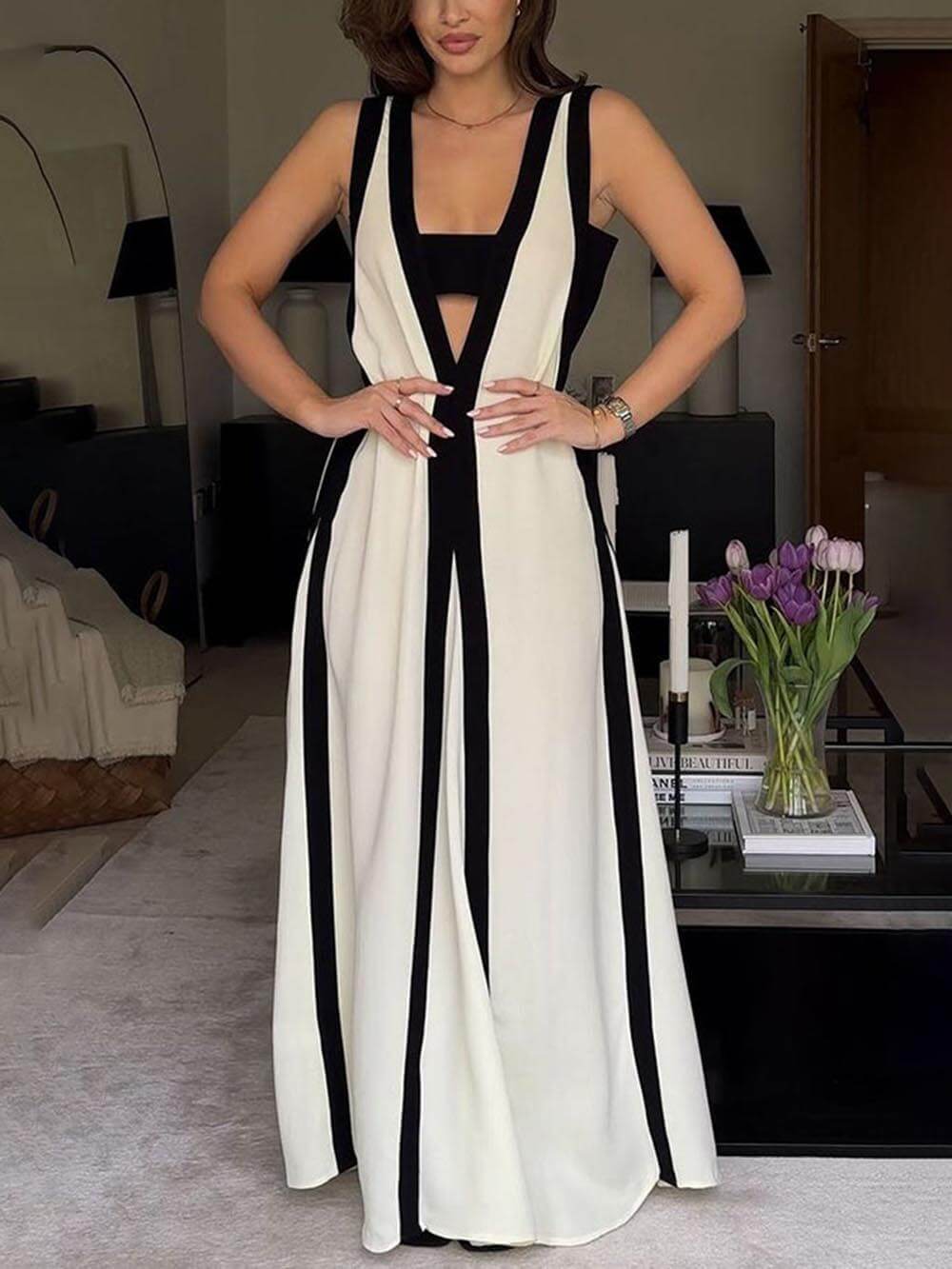Wendbares Colorblock Maxi-Kleid im A-Linien-Stil