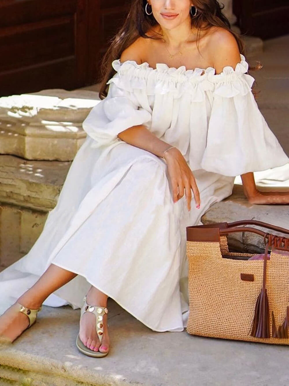 Volant-Off-Shoulder-Kleid mit Puffärmeln, Taschen und Midi-Länge