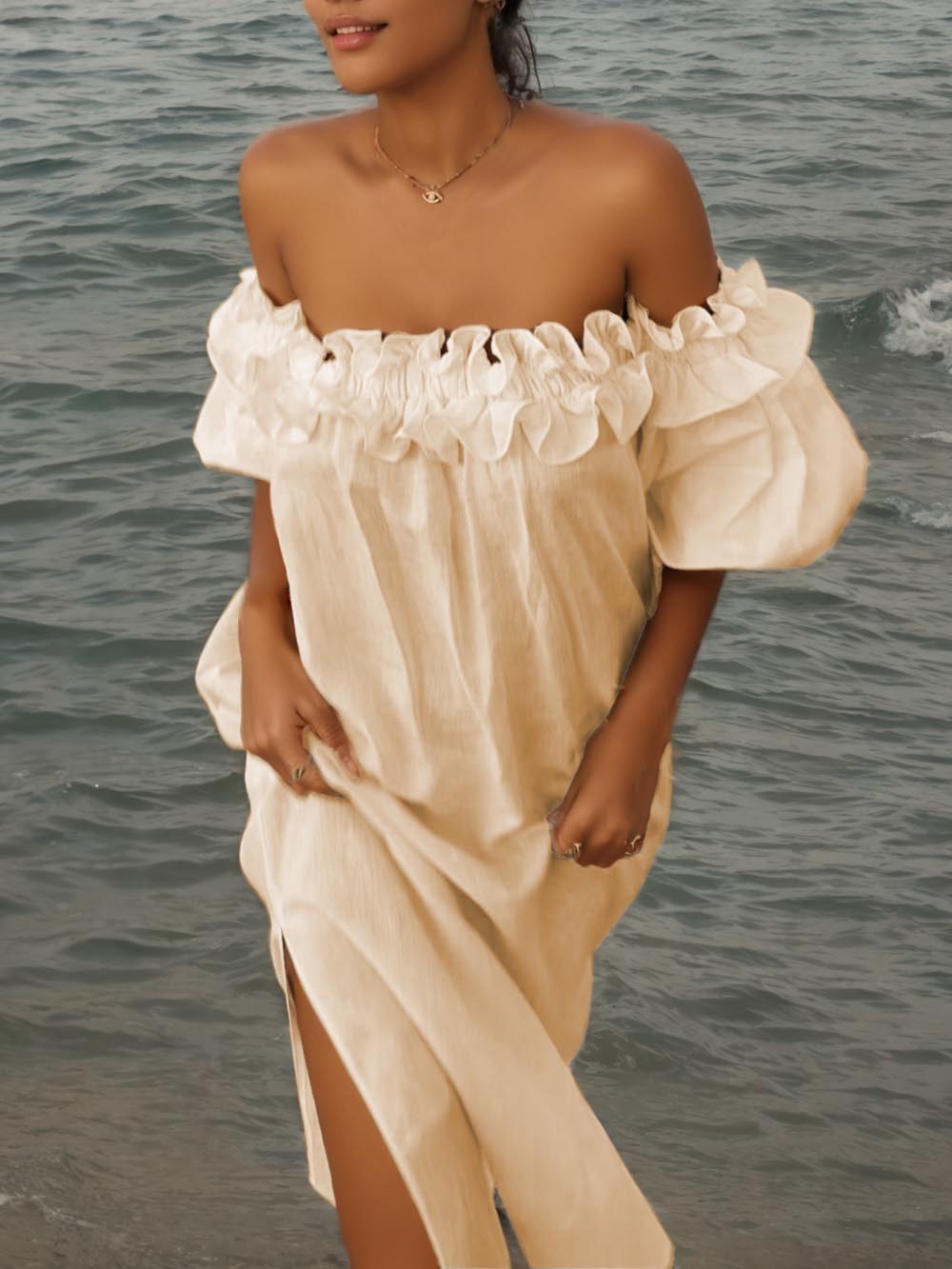 Volant-Off-Shoulder-Kleid mit Puffärmeln, Taschen und Midi-Länge