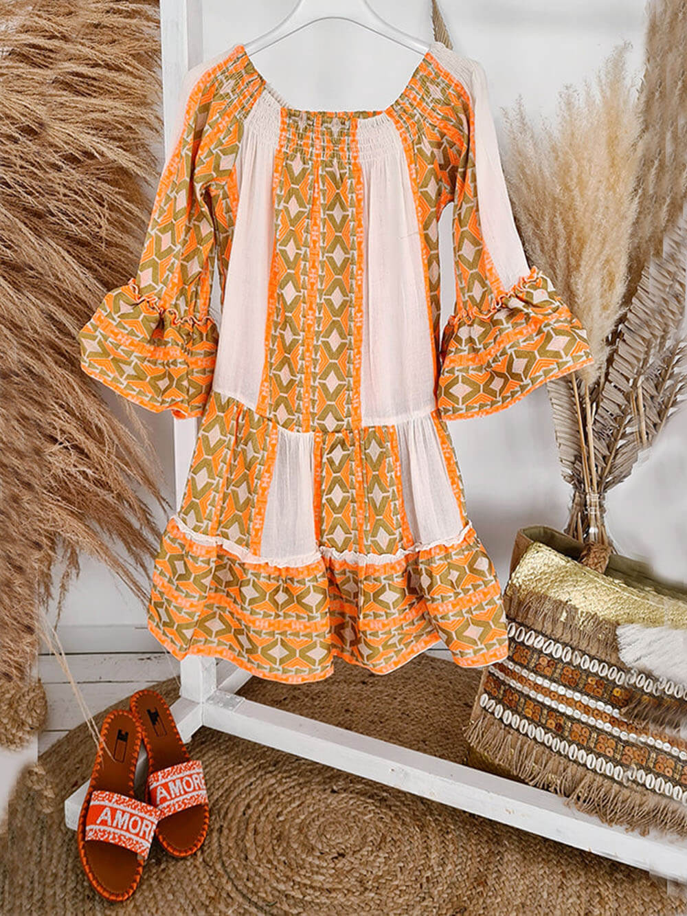 Joyce | Boho Mini-Kleid mit Carmenausschnitt