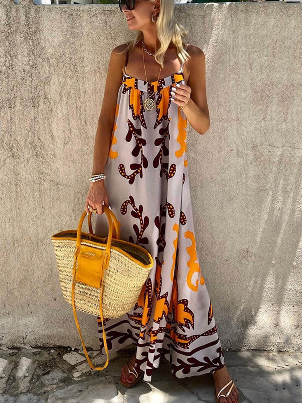 Locker sitzendes Ethno-Print Träger Maxikleid