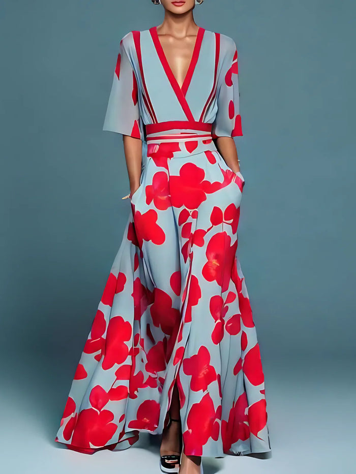 Elegantes langes Kleid mit Blumenmuster und V-Ausschnitt