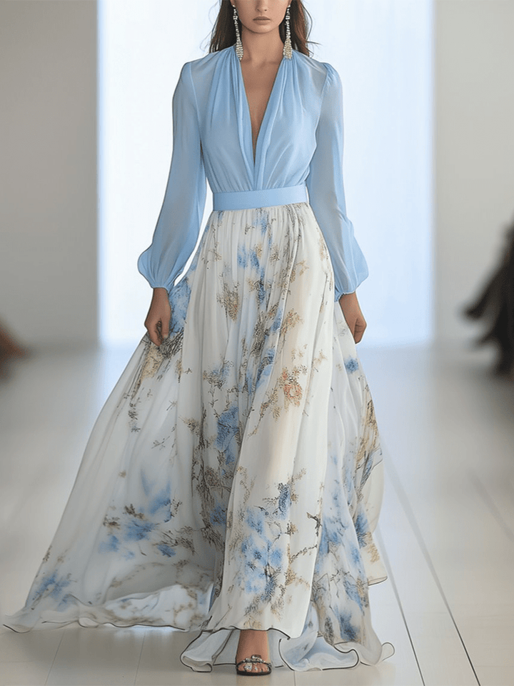 Elegantes und modernes langes Damenkleid mit floralem Design