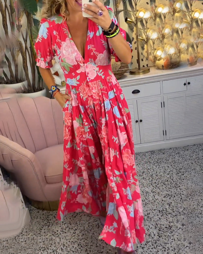 Adelaide | Kleid mit Blumenmuster, V-Ausschnitt und Taschen