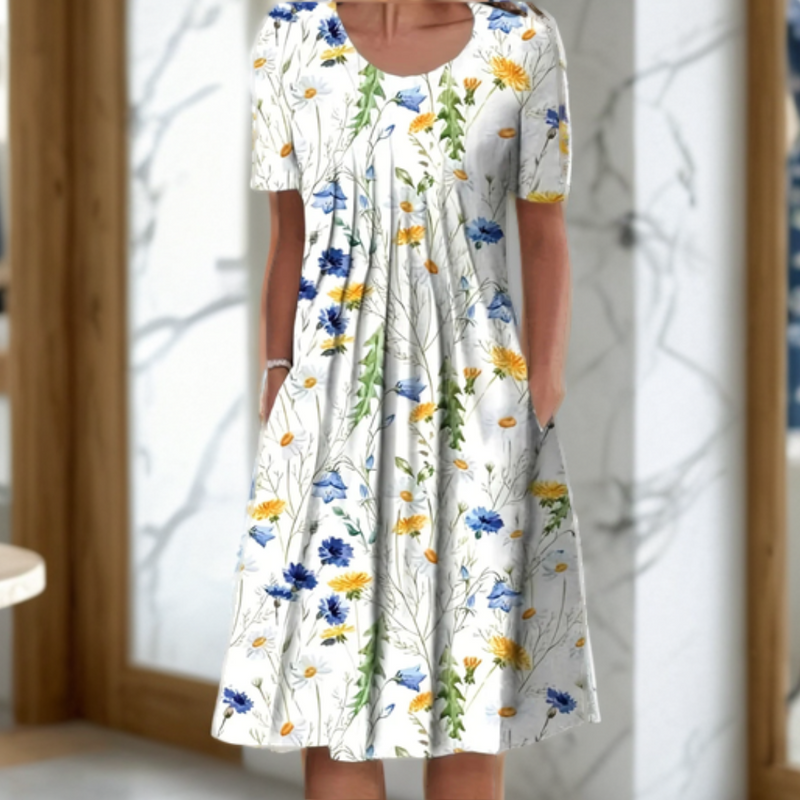 Weites Kleid mit Rundhalsausschnitt, Dreiviertelärmeln und bedrucktem Design