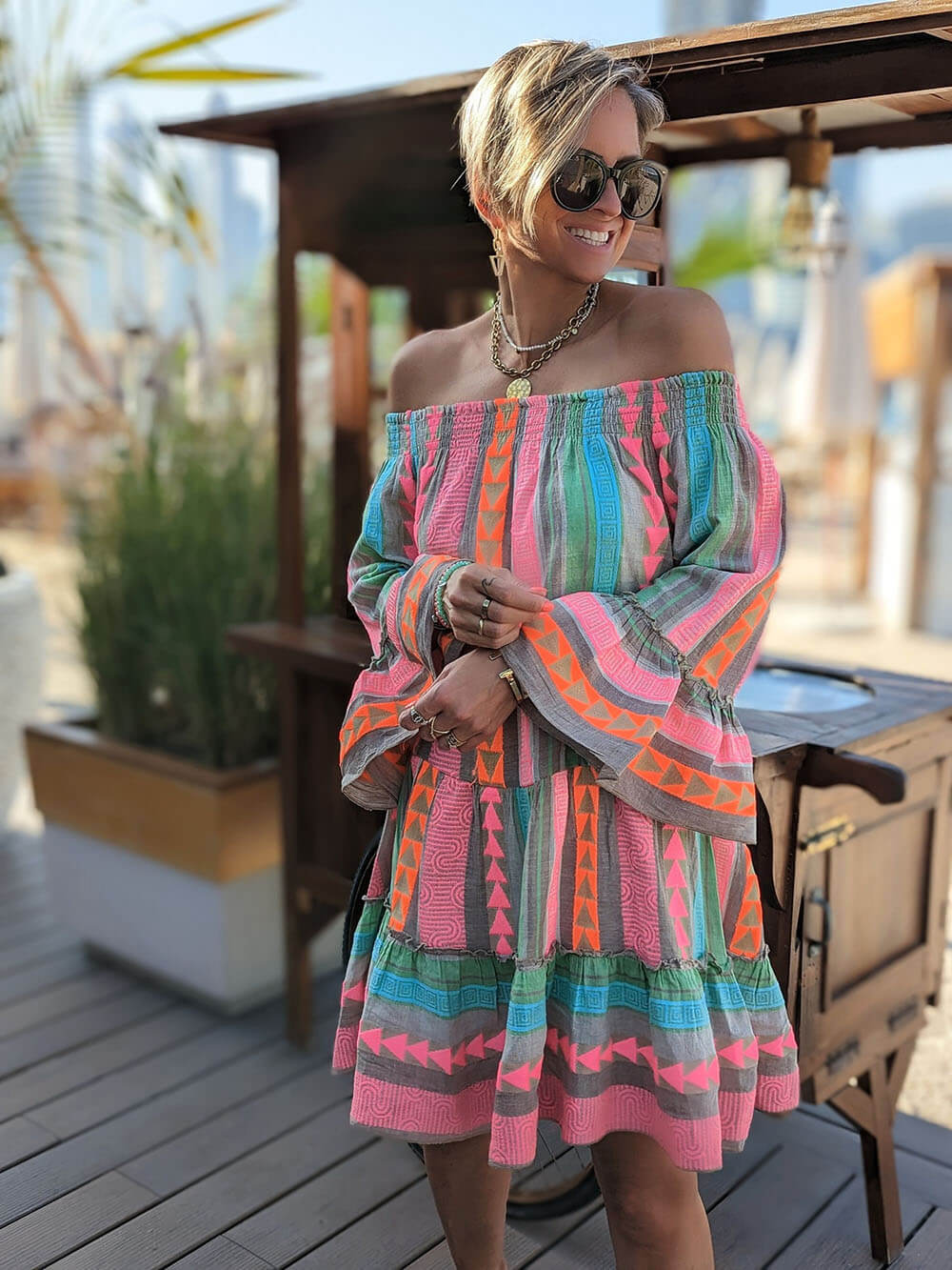 Joyce | Boho Mini-Kleid mit Carmenausschnitt
