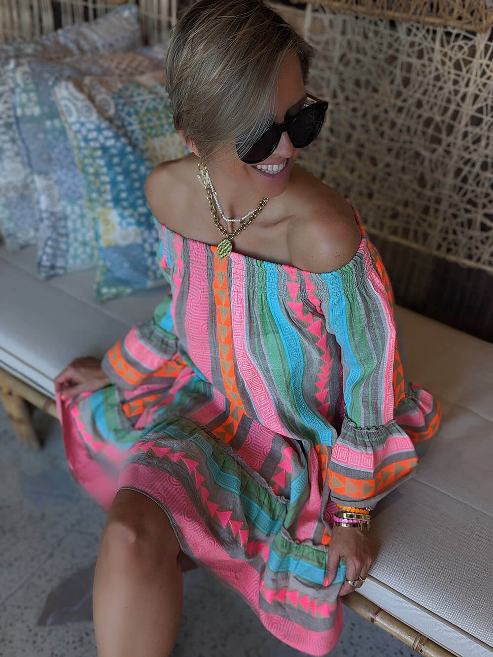 Joyce | Boho Mini-Kleid mit Carmenausschnitt