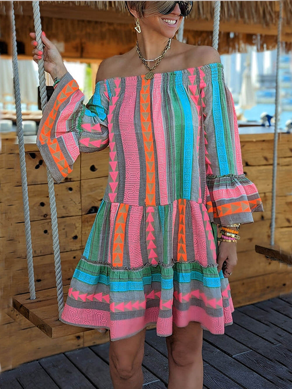 Joyce | Boho Mini-Kleid mit Carmenausschnitt