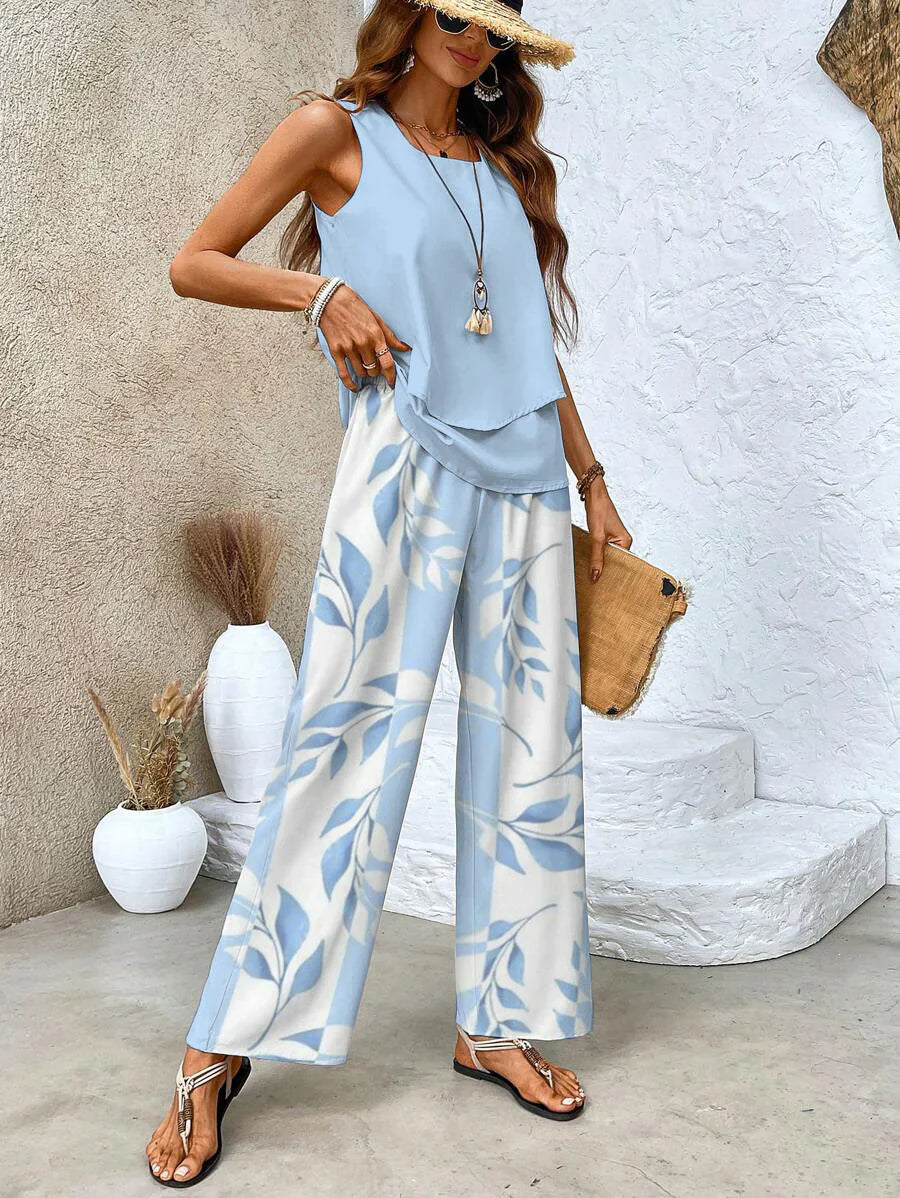 Colette | Zweiteiliges blaues Set mit Blumenmuster und quadratischem Ausschnitt