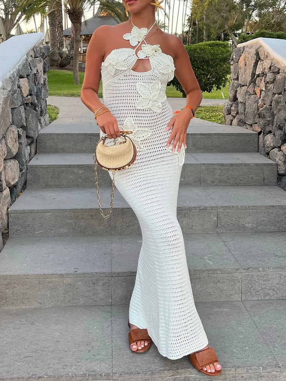 Gabriela | 3D-Blumenverziertes Häkel-Neckholder Maxikleid