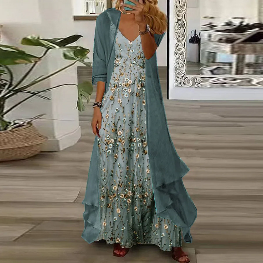 Lucia | Junges Maxikleid mit Blumenmuster und feiner Jacke, zweiteiliges Set