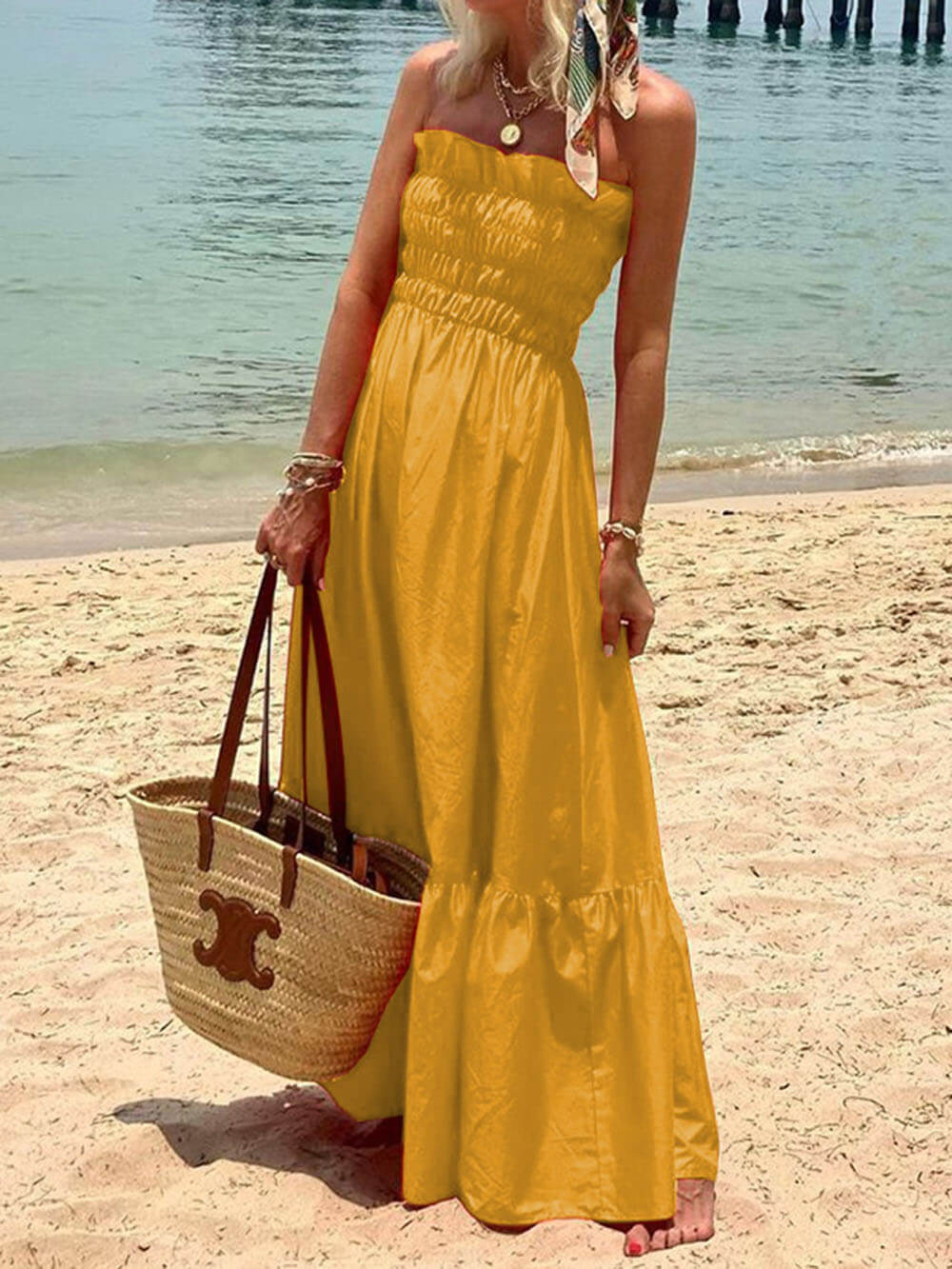 Off-Shoulder Smocked Bust Urlaub Maxikleid