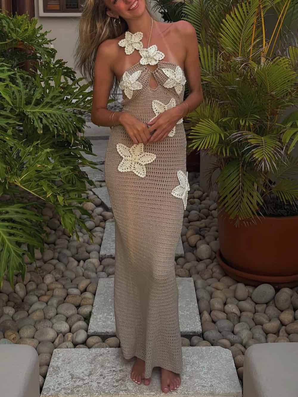 Gabriela | 3D-Blumenverziertes Häkel-Neckholder Maxikleid