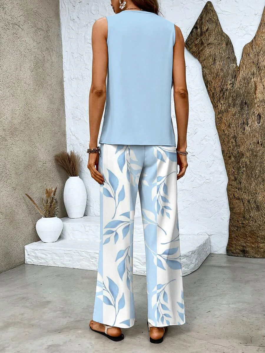 Colette | Zweiteiliges blaues Set mit Blumenmuster und quadratischem Ausschnitt
