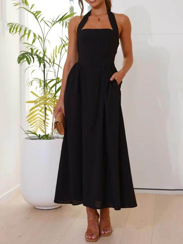Tailliertes kleines schwarzes Midikleid mit Neckholder-Ausschnitt