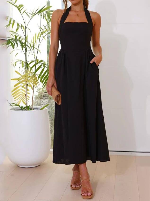 Tailliertes kleines schwarzes Midikleid mit Neckholder-Ausschnitt
