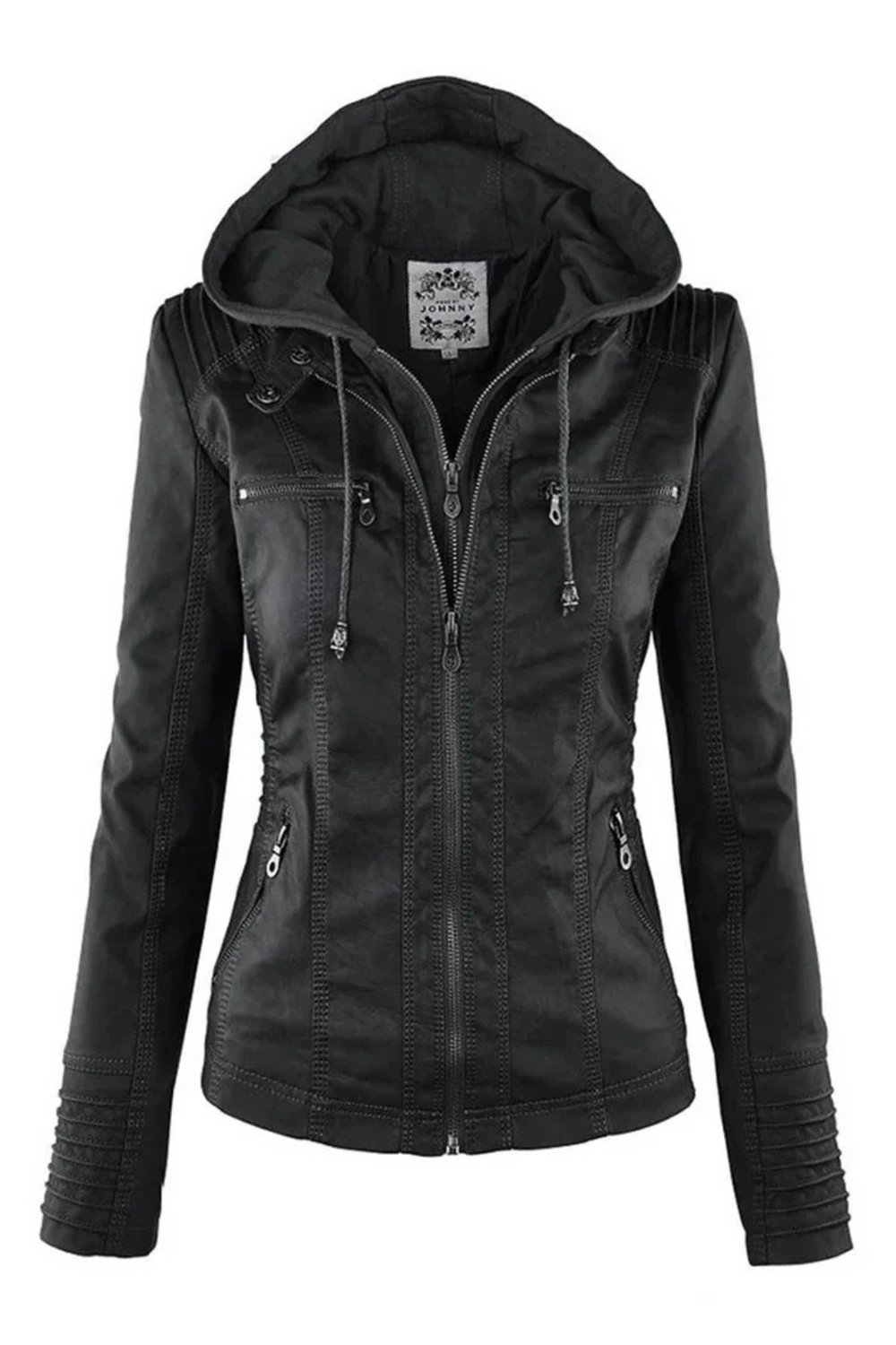 Eva Wetterfeste Damen-Lederjacke mit Kapuze | Schwarz