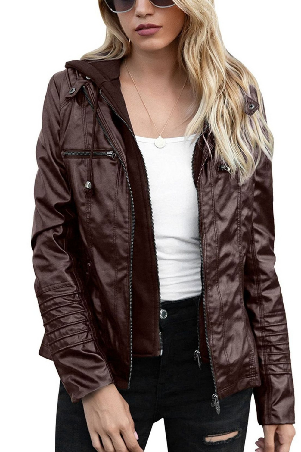 Eva Wetterfeste Damen-Lederjacke mit Kapuze | Braun