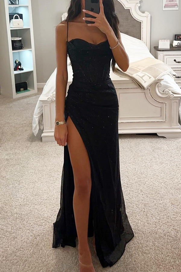 Charlotte | Romantischer Anlass, Pailletten, Rundhalsausschnitt, Korsett, Schlitz, Maxikleid