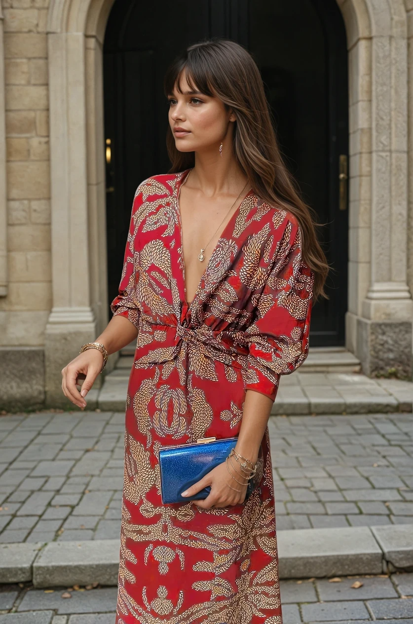 Sandra Midi Kleid | Kleid mit V-Ausschnitt und langen Ärmeln für Veranstaltungen und Feiern