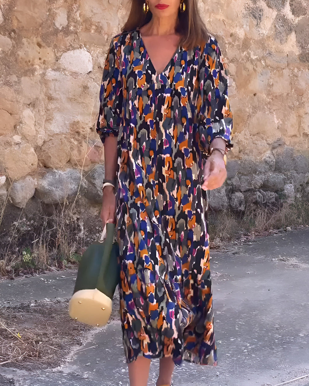 Nathalie | Kleid mit V-Ausschnitt und Retro-Print
