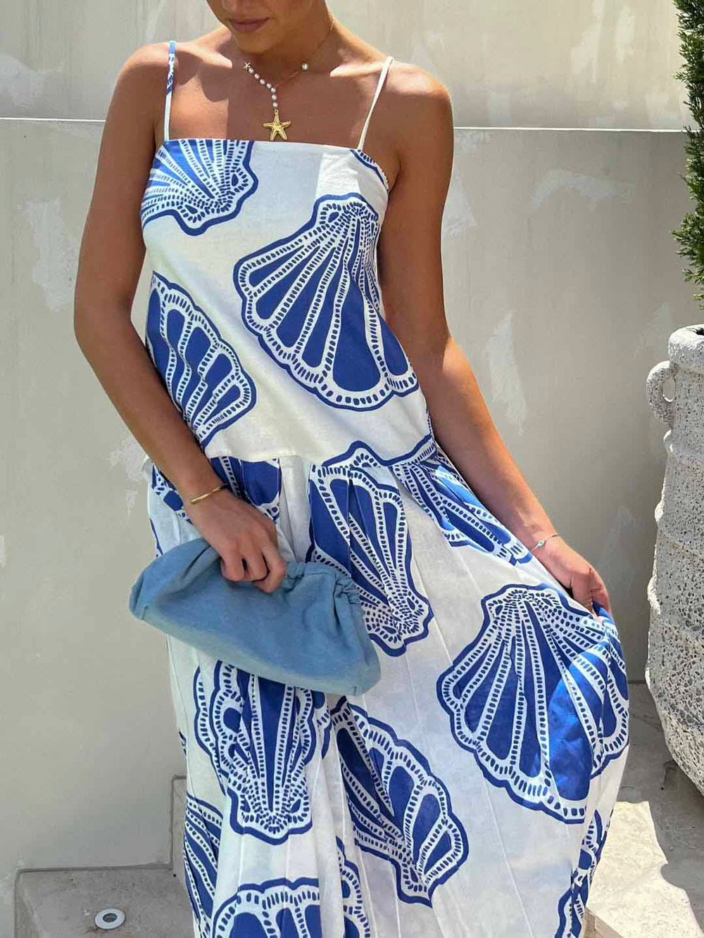 Urlaubs-Casual Maxikleid mit Muschelprint und Trägern