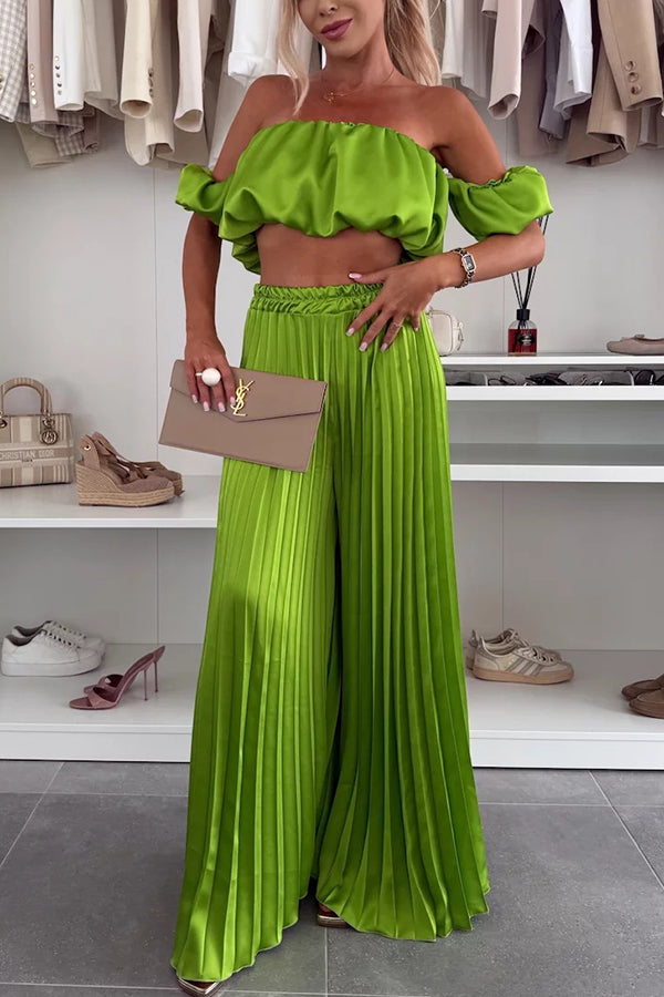 Jorie | Elegantes Set mit schulterfreiem Crop-Top und plissierten, weit geschnittenen Hosen