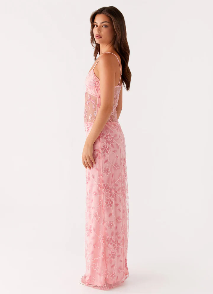 Lila | Transparentes Blumen-Maxikleid