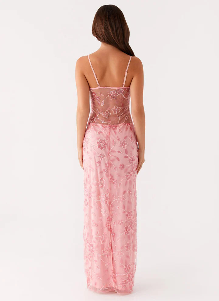 Lila | Transparentes Blumen-Maxikleid