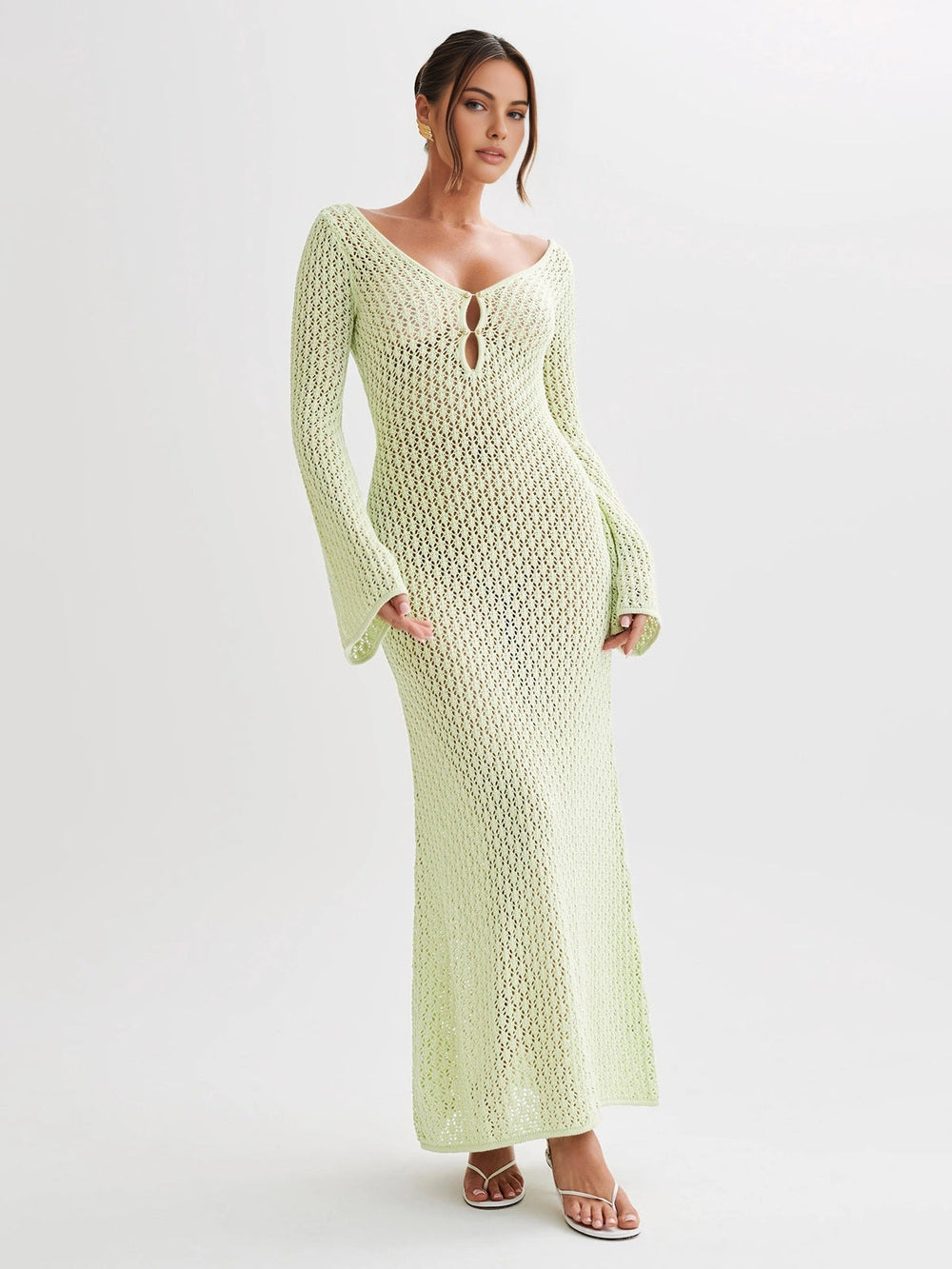Überwurf-Langarmkleid mit offenem Rücken und langer Länge