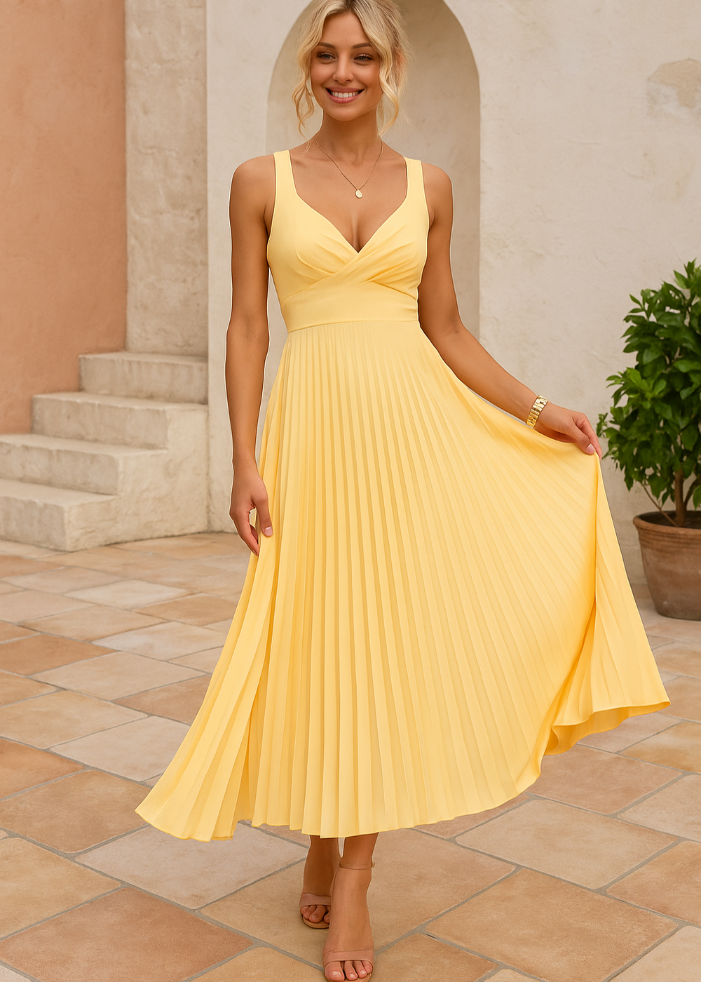 Mabel | Plissiertes Maxikleid mit V-Ausschnitt