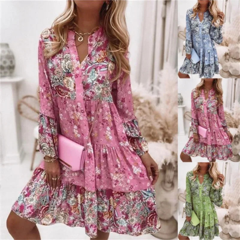 Helena | Blumiges A-Linien-Kleid mit V-Ausschnitt