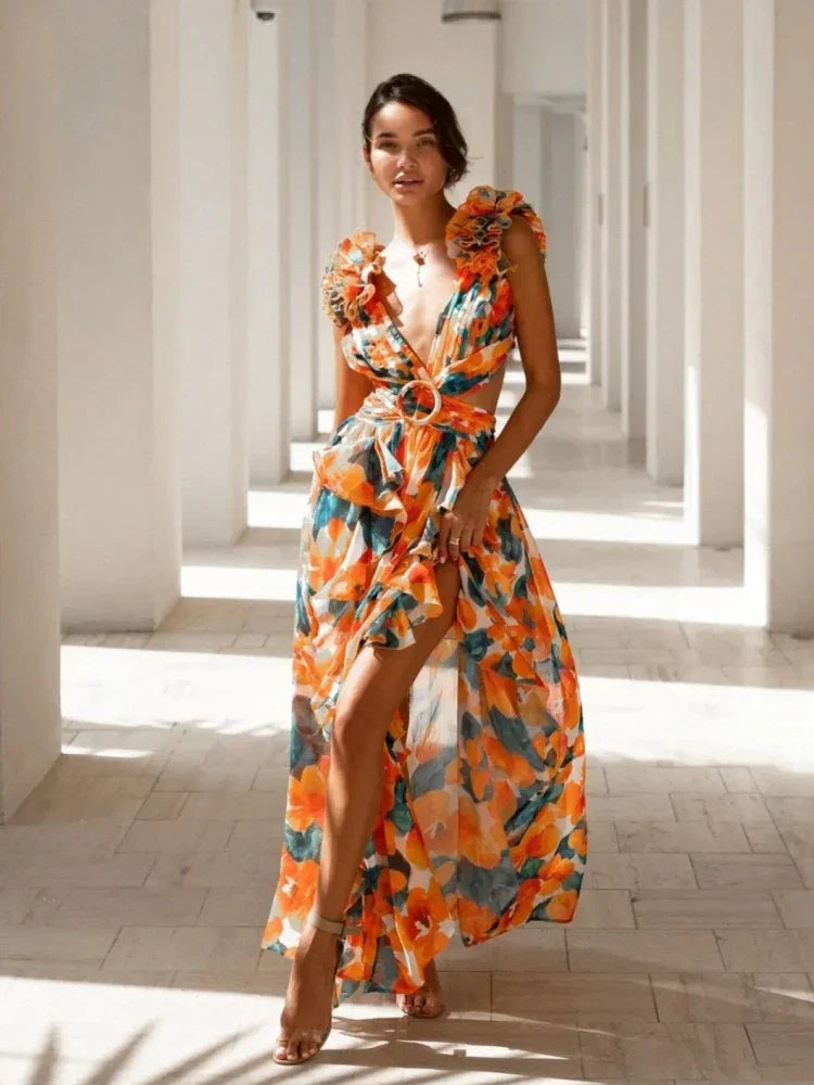 Lexi | Elegantes rückenfreies Maxikleid mit Rüschen
