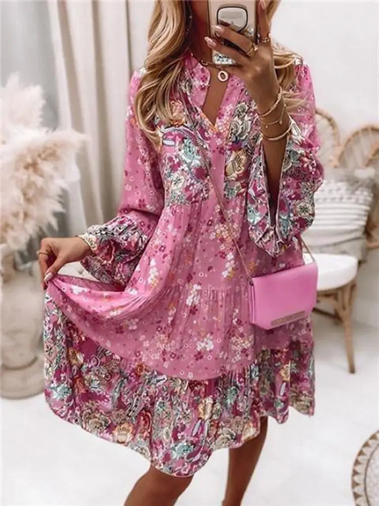 Helena | Blumiges A-Linien-Kleid mit V-Ausschnitt