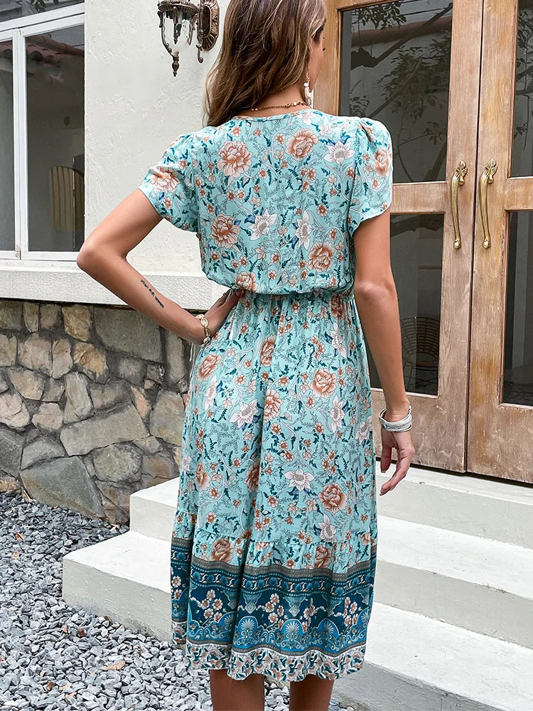 Celia | Grünes Boho-Midikleid mit Blumenmuster