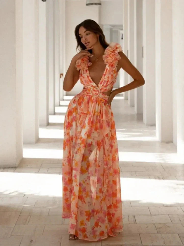 Lexi | Elegantes rückenfreies Maxikleid mit Rüschen